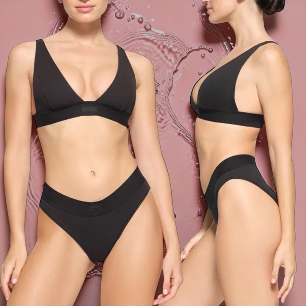✨ SKIMS Cotton Rib Plunge Bralette and Panty Set | Soot | XS Top + S Bottom ✨